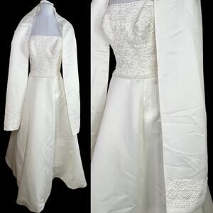 Mon Cheri Ivory Princess Wedding Dress sz 8 Strapless Rose Lace Embroidery Gown